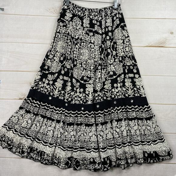 Forbidden Maxi Skirt Women S Black Floral Peasant Boho Flowy Gypsy Crochet Jewel - Picture 1 of 6